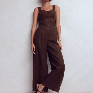 Panelled Bodice Linen Jumpsuit-Bitter Chocolate