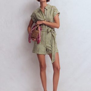 Kay Linen Playsuit-Olive. Ivory Gingham