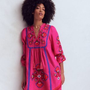 Pia Linen Blend Yoke Dress-Pink Embroidery