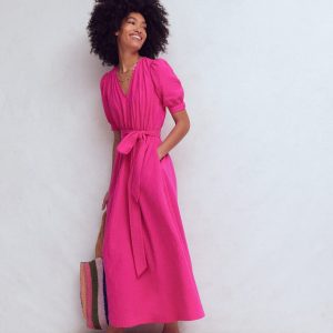 Double Cloth Puff Sleeve Dress-Bright Pink
