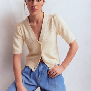 Hayley Cotton V-neck Cardigan-Warm Ivory