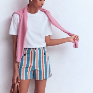 Primrose Denim Shorts-Blue. Pink. Red Multistripe