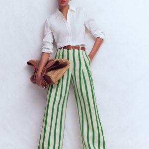 Mayfair Linen Pants-Ivory. Fresh Green Stripe