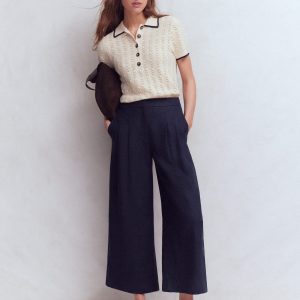 Pleated Linen Culotte-Navy