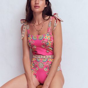 Bow Tie Shoulder Swimsuit-Sangria Sunset. Blossom