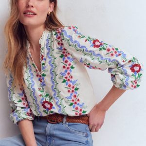 Embroidered Notch Neck Top-Floral Embroidery