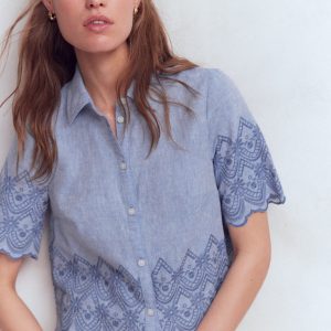 Short Sleeve Broderie Shirt-Chambray