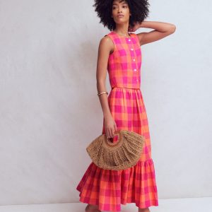 Andrea Linen Shell Top-Zesty Orange. Pink Gingham