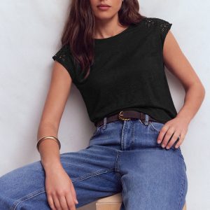 Tara Cutwork Linen Tee-Black