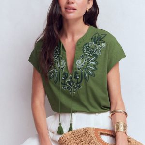 Nina Embroidered Notch T-shirt-Safari Green