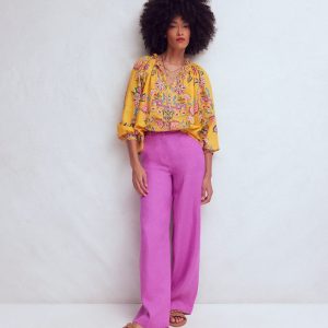 Serena Pleat Neck Linen Top-Marigold. Blossom Elegance