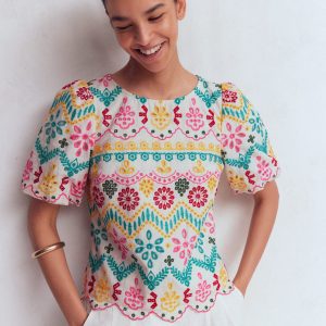 Linen Puff Sleeve Top-Multi Broderie