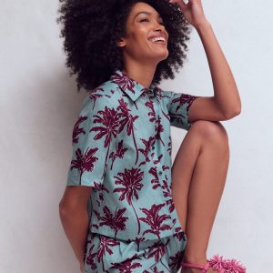 Short Sleeve Linen Shirt-Seamist Blue. Palm Paradise