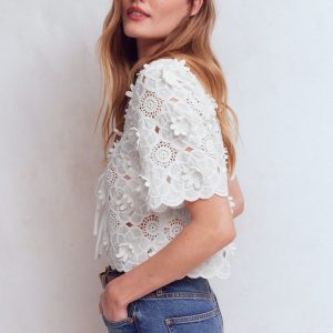 Tie Front Lace Top-White