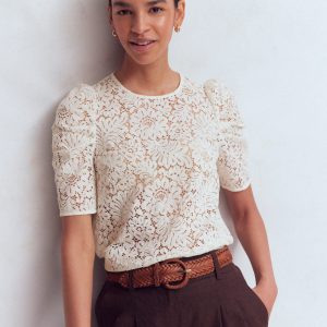 Pleat Sleeve Lace T-shirt-Ivory