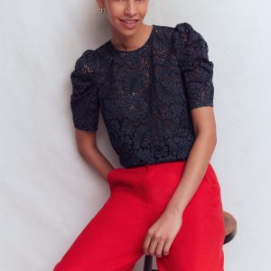 Pleat Sleeve Lace T-shirt-Navy