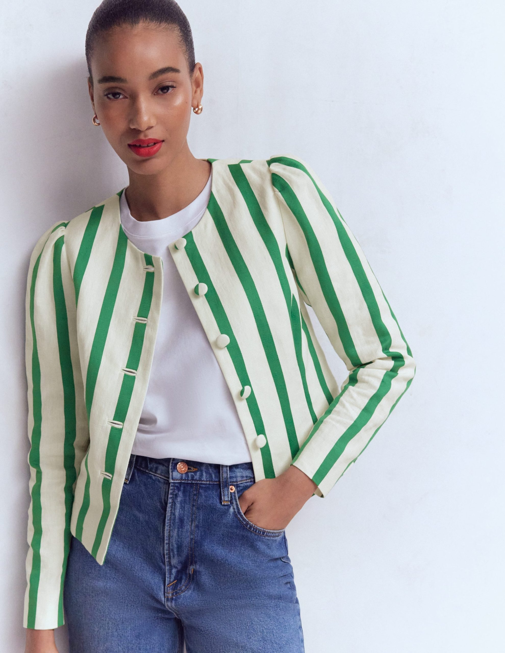 Salisbury Puff Sleeve Jacket-Ivory. Fresh Green Stripe - Image 6