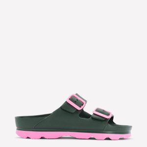 Lyla Double Buckle Sliders-Khaki/Pink