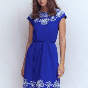 Embroidered Jersey Short Dress-Bright Blue