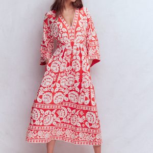 Nell Kimono Midi Jersey Dress-Bright Cherry. Ornate Floret