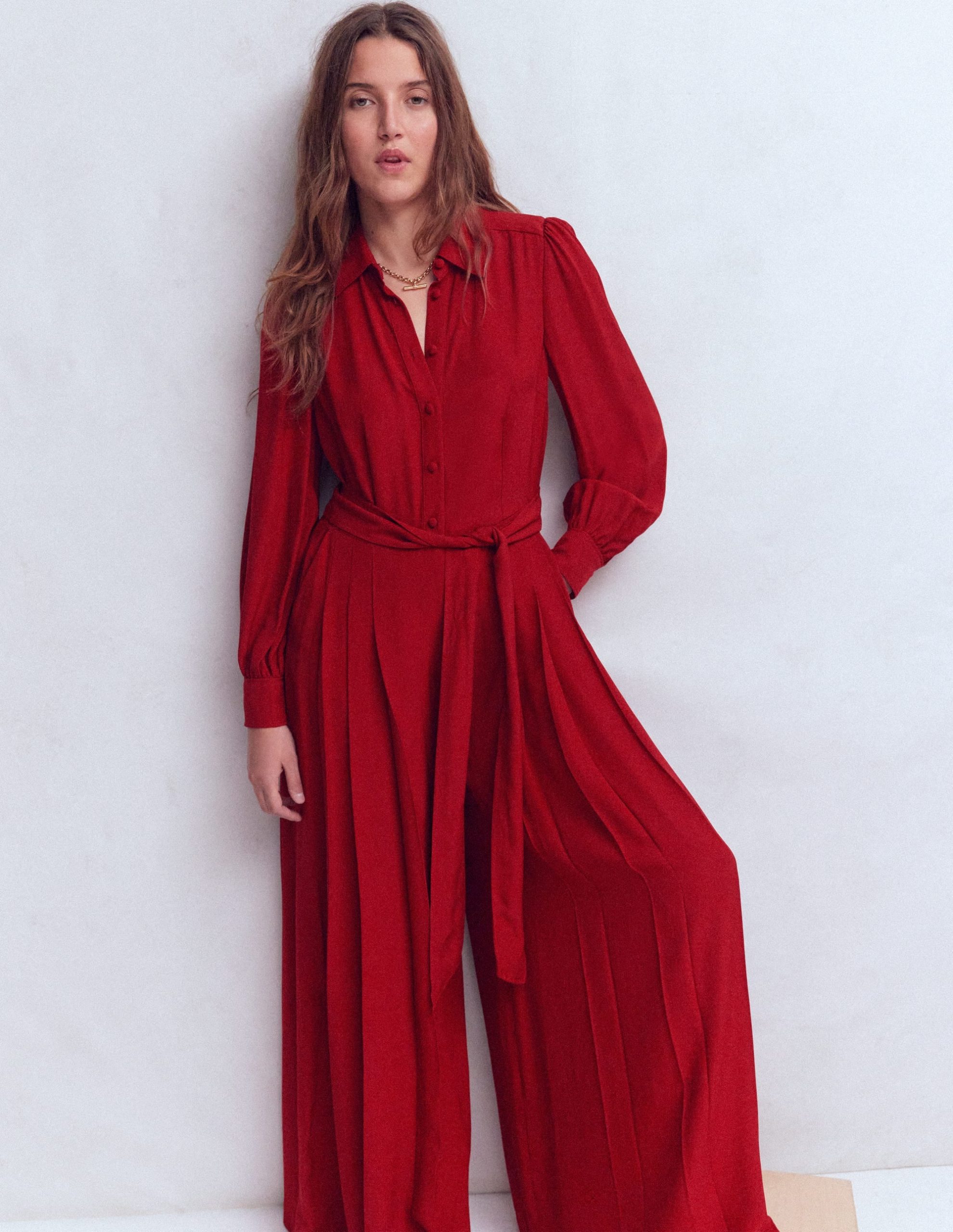 Button Up Palazzo Jumpsuit-Red - Image 5