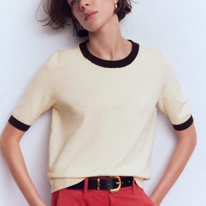Emilia Cotton Crew T-shirt-Warm Ivory. Navy