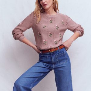 Valeria Crochet Trim Jumper-Rose Pink. Embroidery