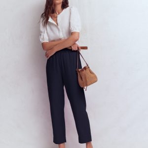 Double Cloth Crop Pants-Navy