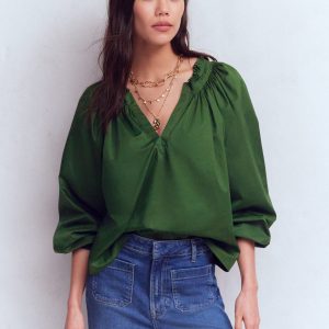 Serena Pleat Neck Top-Green Fir