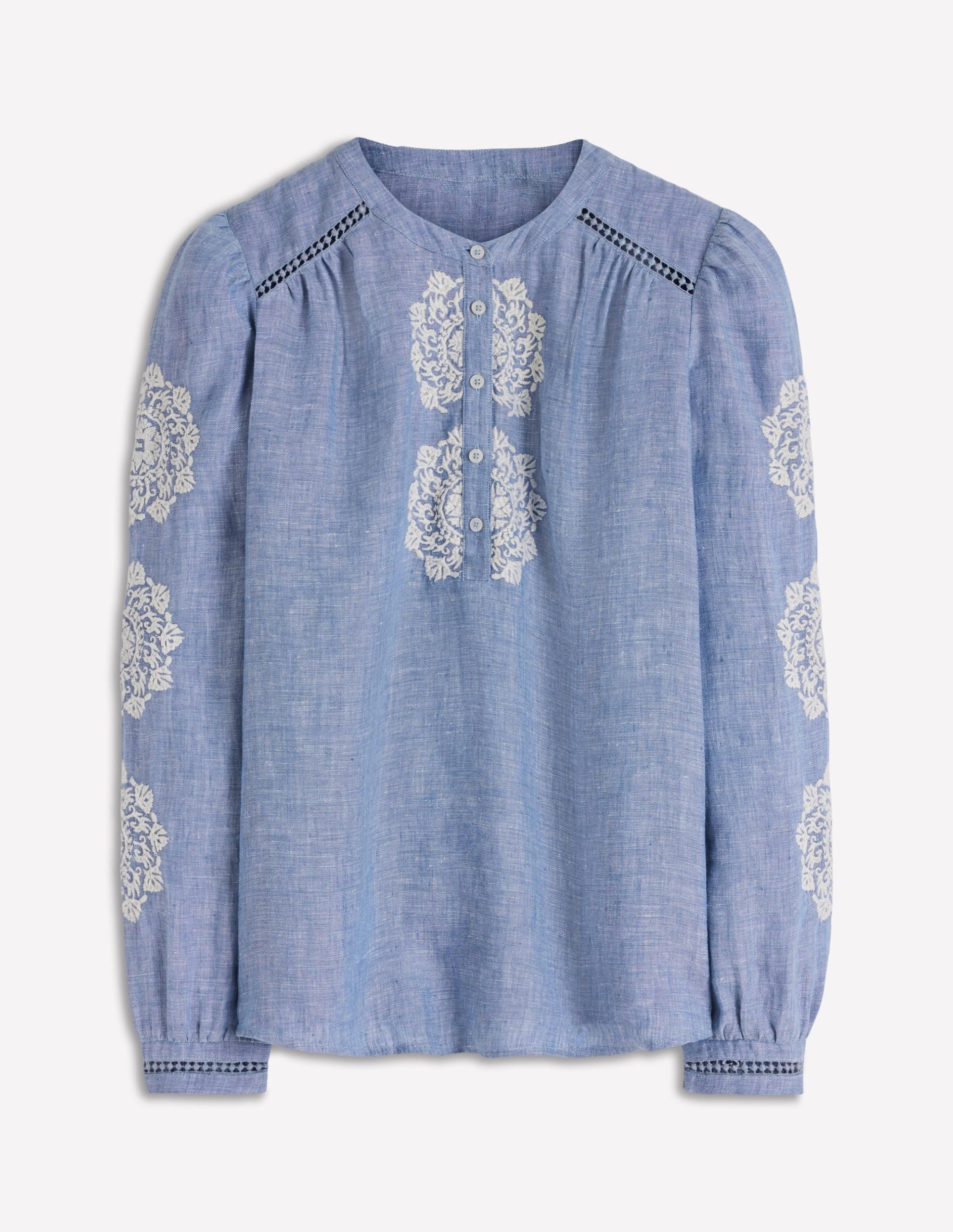 Embroidered Trim Interest Top-Chambray - Image 6