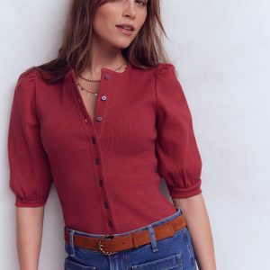 Evie Ribbed Puff Sleeve Top-Terracotta Red