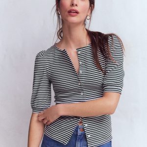 Evie Ribbed Puff Sleeve Top-Ivory. Navy Stripe