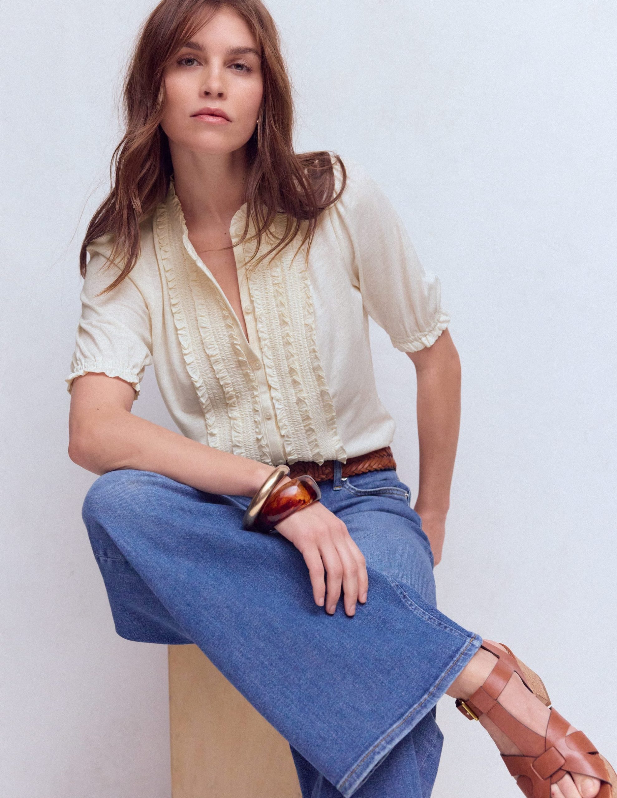 Eda Ruffle Front Shirt-Ivory