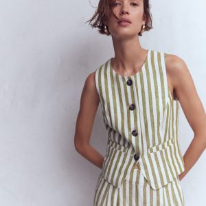 Linen Waistcoat-Olive. Ivory Stripe