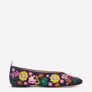 High Cut Ballet Flats-Navy/Embroidery