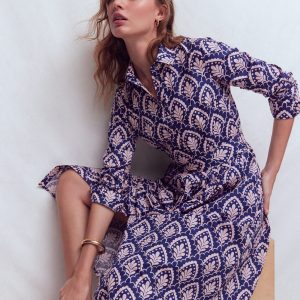 Alexa Cotton Midi Shirt Dress-Navy Petal Terrace