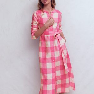 Mollie Linen Midi Dress-Pink Punch Gingham
