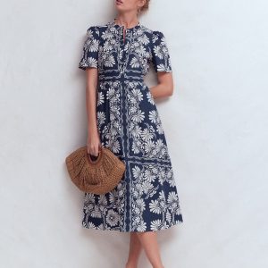 Ivy Button Cotton Midi Dress-French Navy Botanical Charm