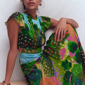 Pleat Ruffle Maxi Dress-Multi. Garden Path