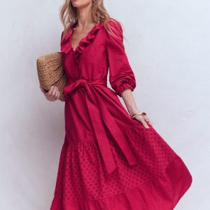 Ruffle Front Cotton Dress-Persian Red