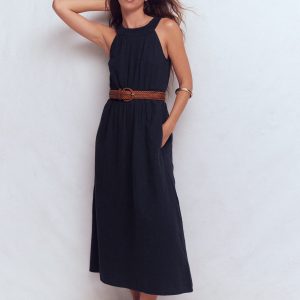 Daphne Double Cloth Dress-NAVY