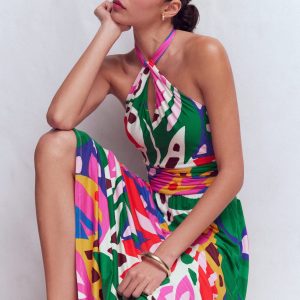 Sydney Twist Neck Jersey Dress-Multi. Leafy Cascade