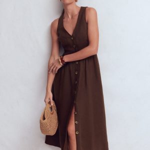 Catherine Button Linen Dress-Bitter Chocolate