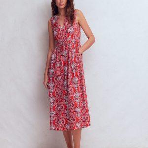 Delphine Midi Sleeveless Dress-Blood Orange. Gardenia