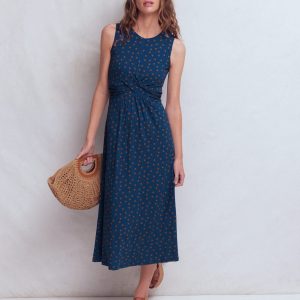 Zara Cross Waist Jersey Dress-Tourmaline Blue. Painted Dot