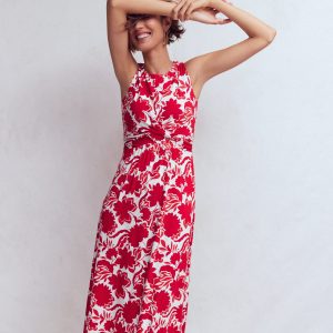 Zara Cross Waist Jersey Dress-Merida Red. Shadow Blossom