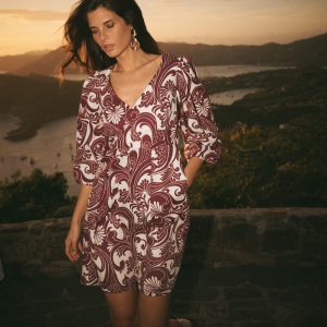 Marla Linen Blend Short Dress-Brown. Foliage Whirl