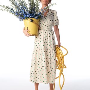Irene Puff Sleeve Cotton Dress-Papyrus. Painted Dot Spaced