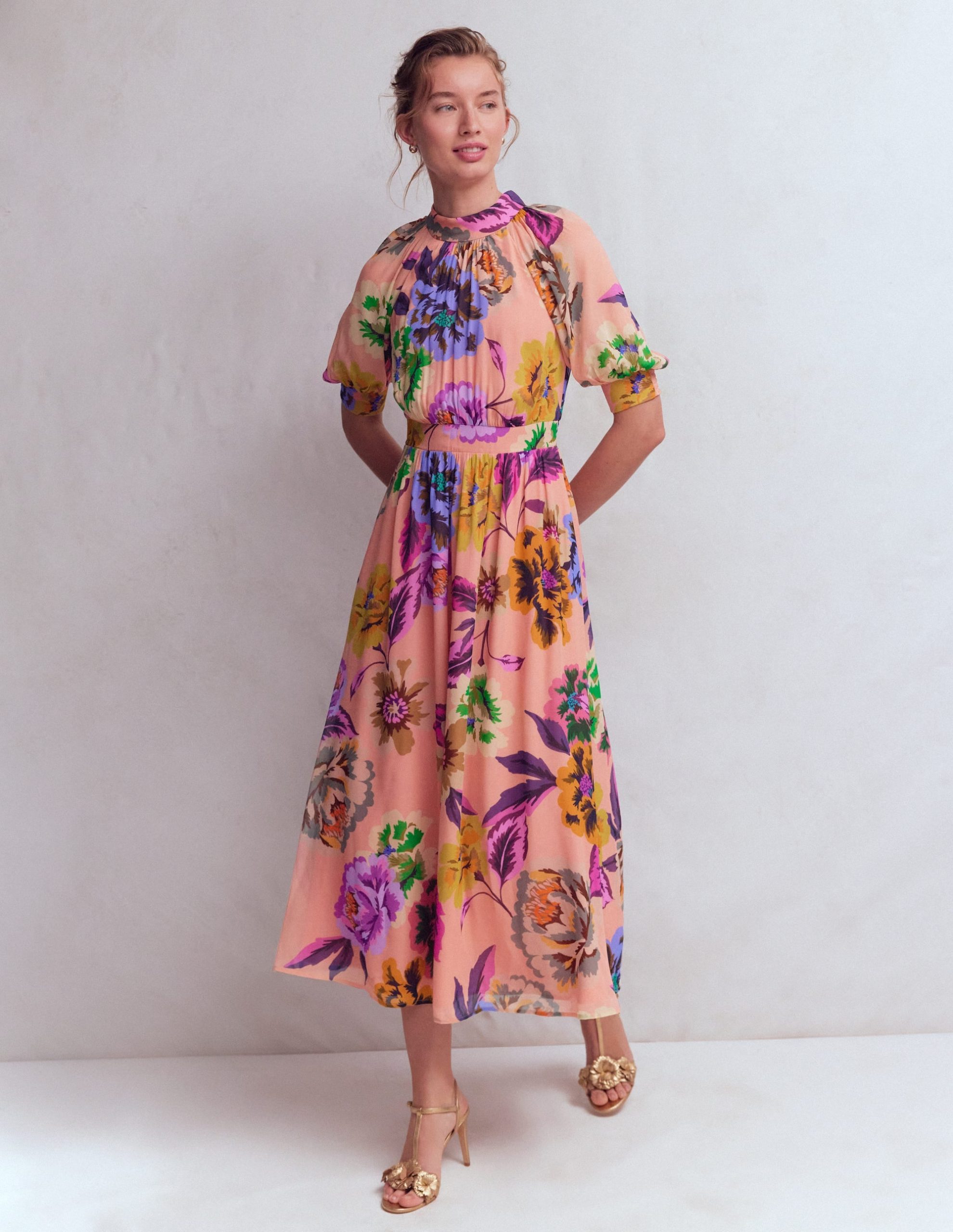 High Neck Blouson Sleeve Dress-Multi Opulent Blossom - Image 2