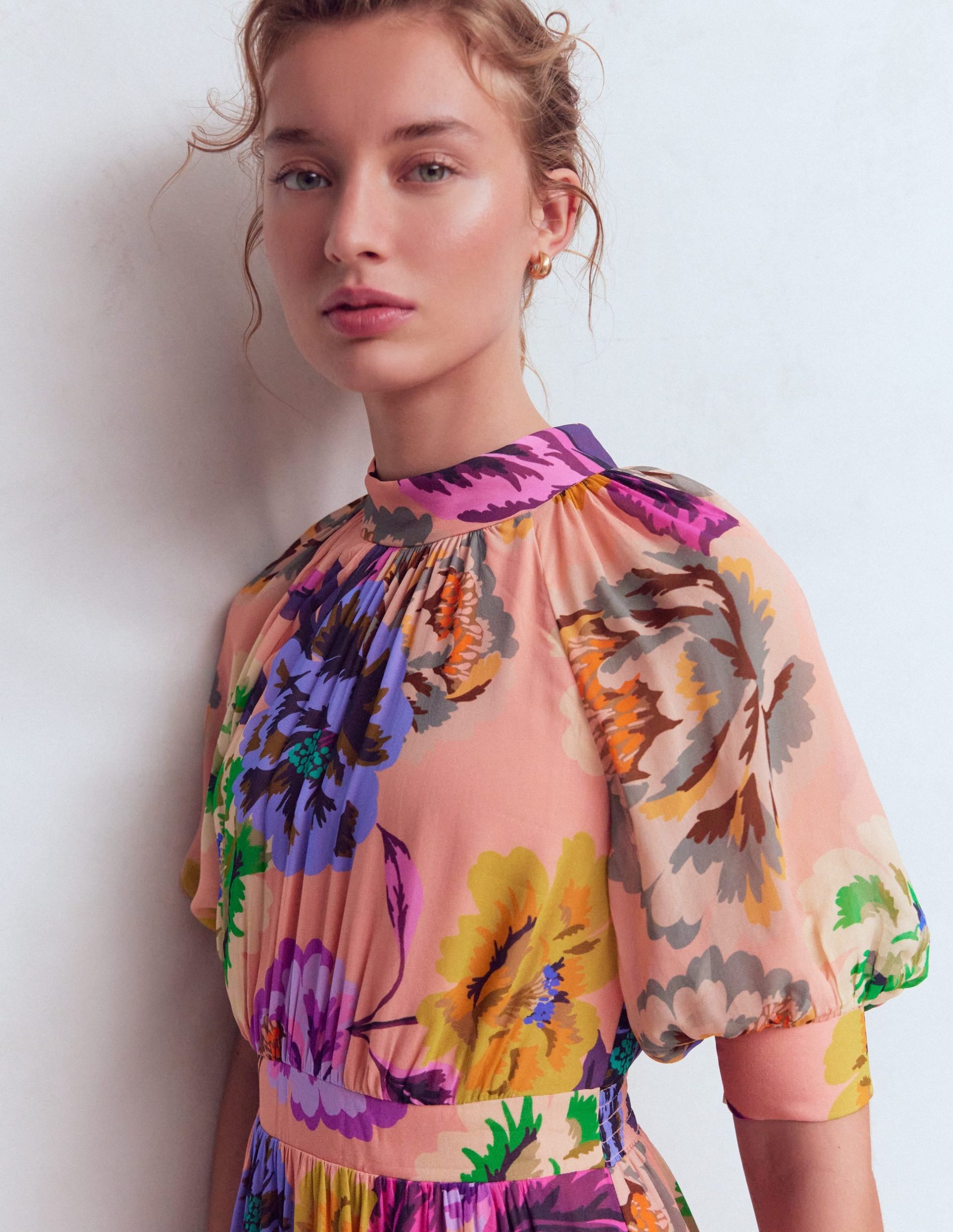 High Neck Blouson Sleeve Dress-Multi Opulent Blossom - Image 4